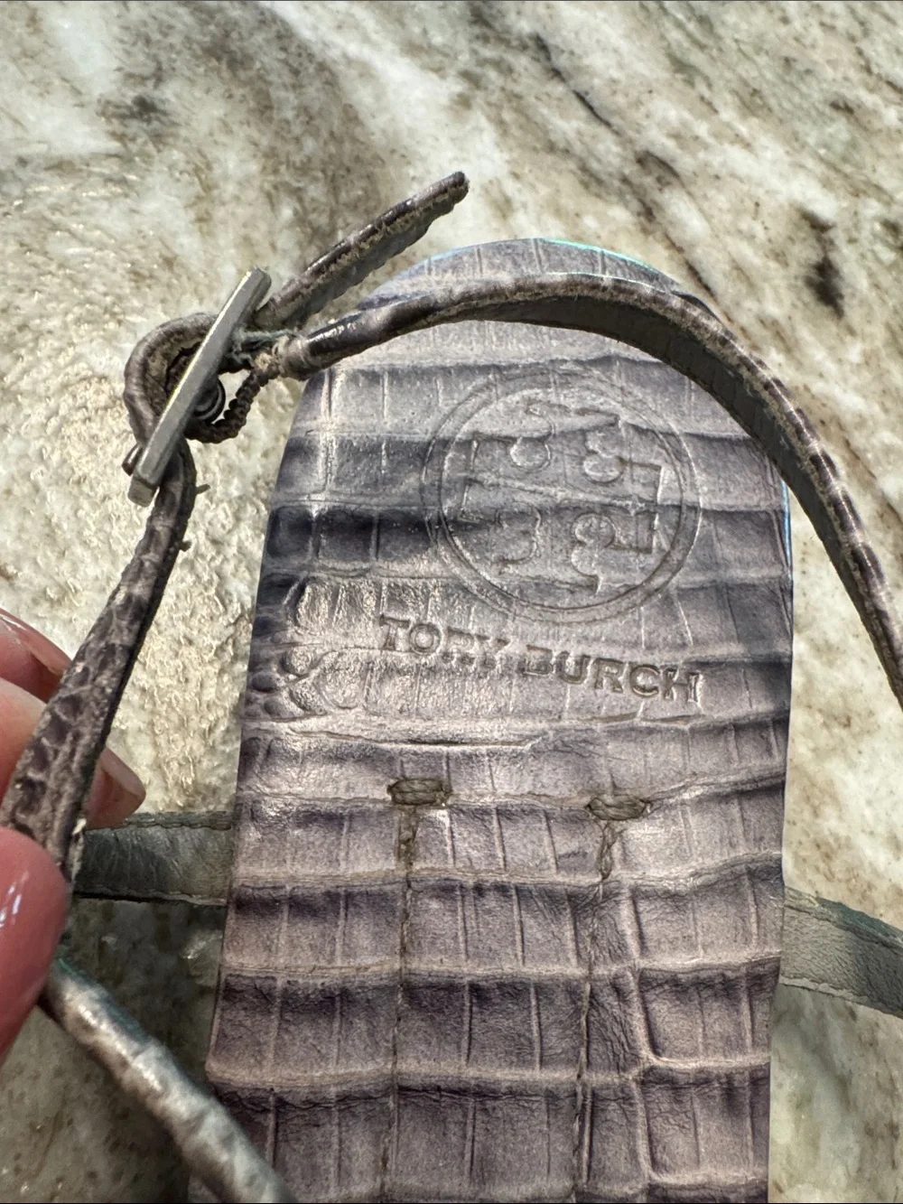 Tory Burch Croc-Embossed Gray T-Strap Sandals - Picture 2 of 6